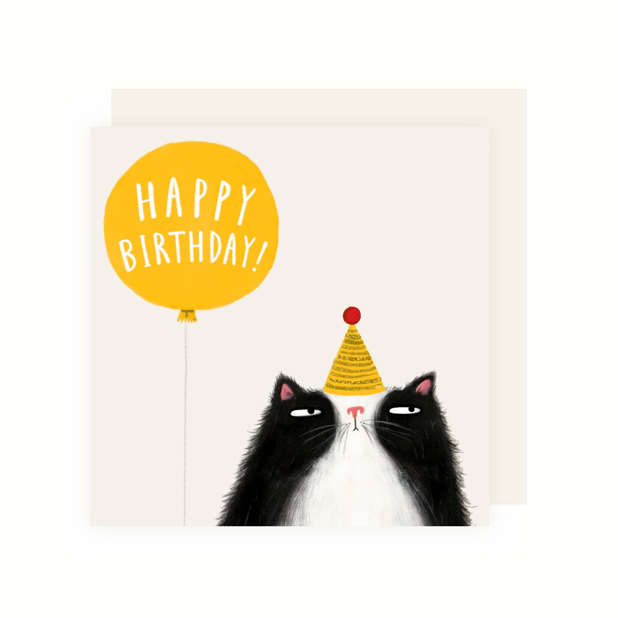 Cat Birthday Balloon Yellow Greeting Card