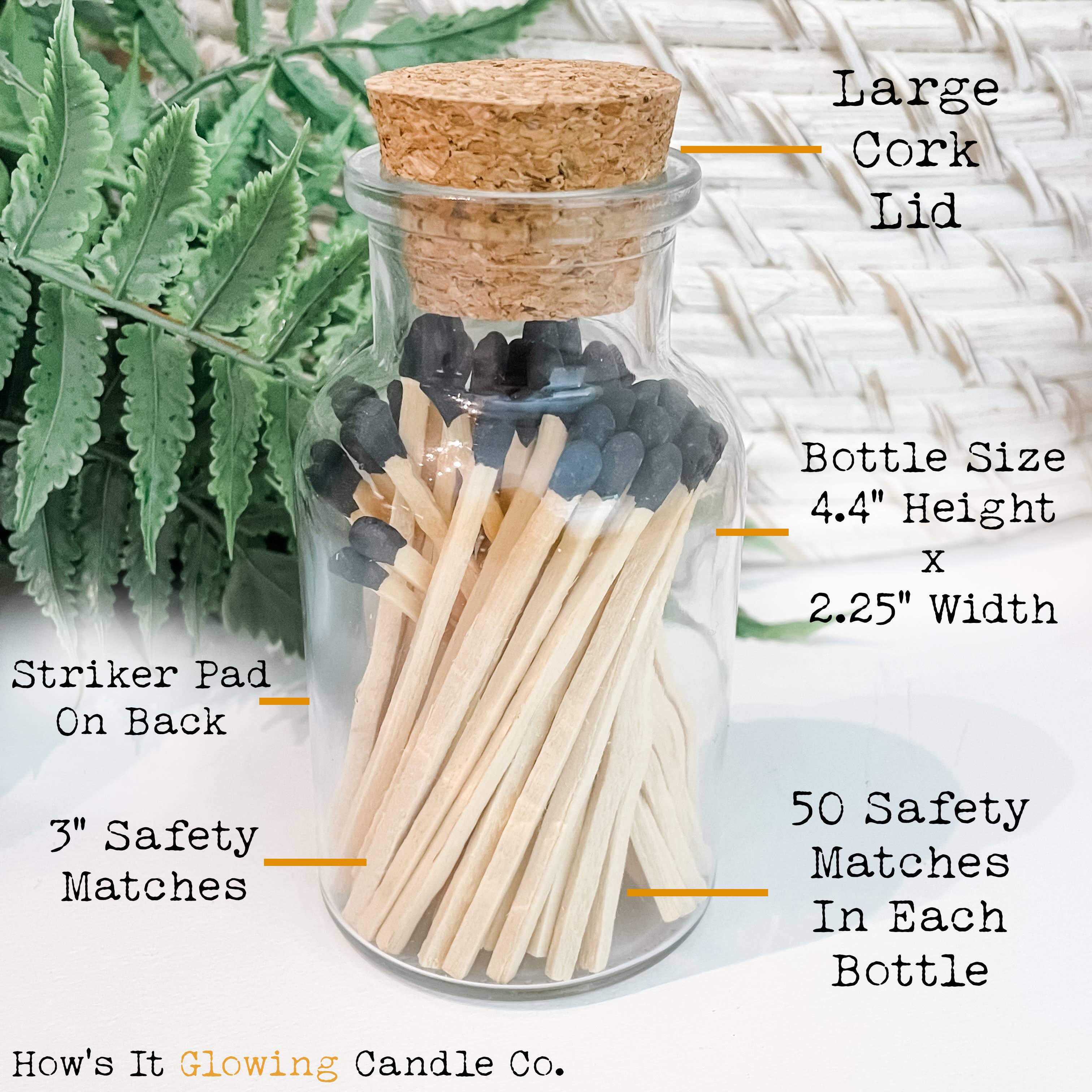 Apothecary Jar Matches | 50 x 3" Safety Matches & Strike Pad: Charcoal Black