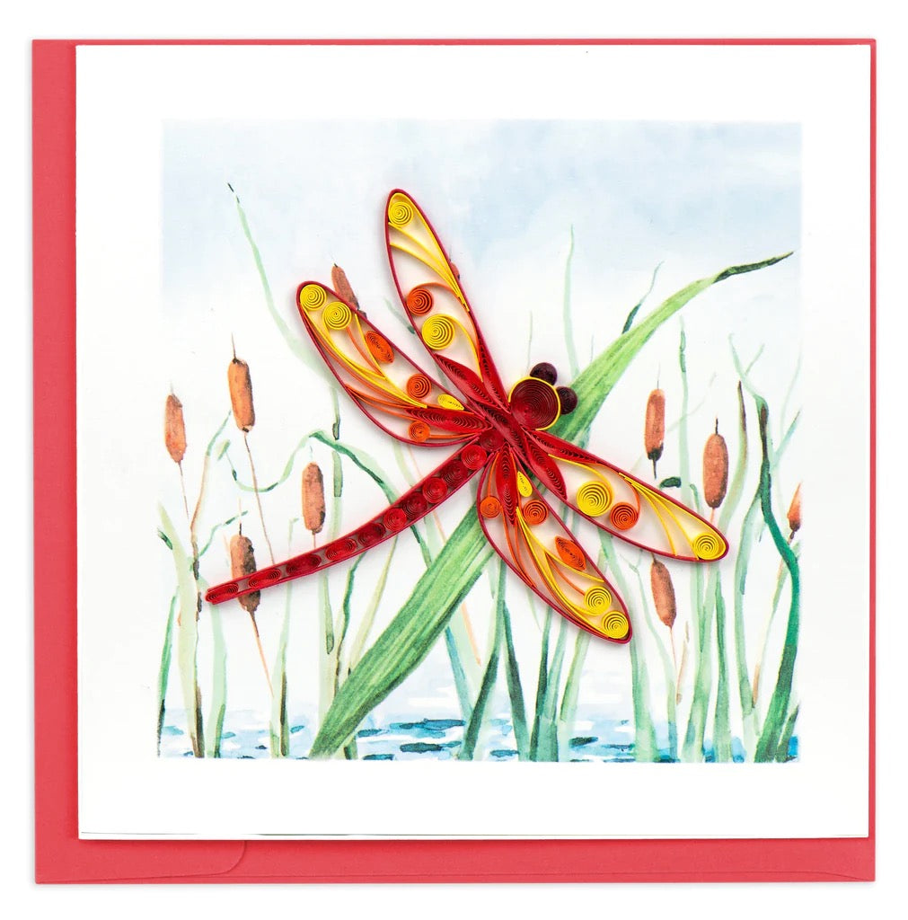 Quilling Red Dragonfly & Cattails Greeting Card