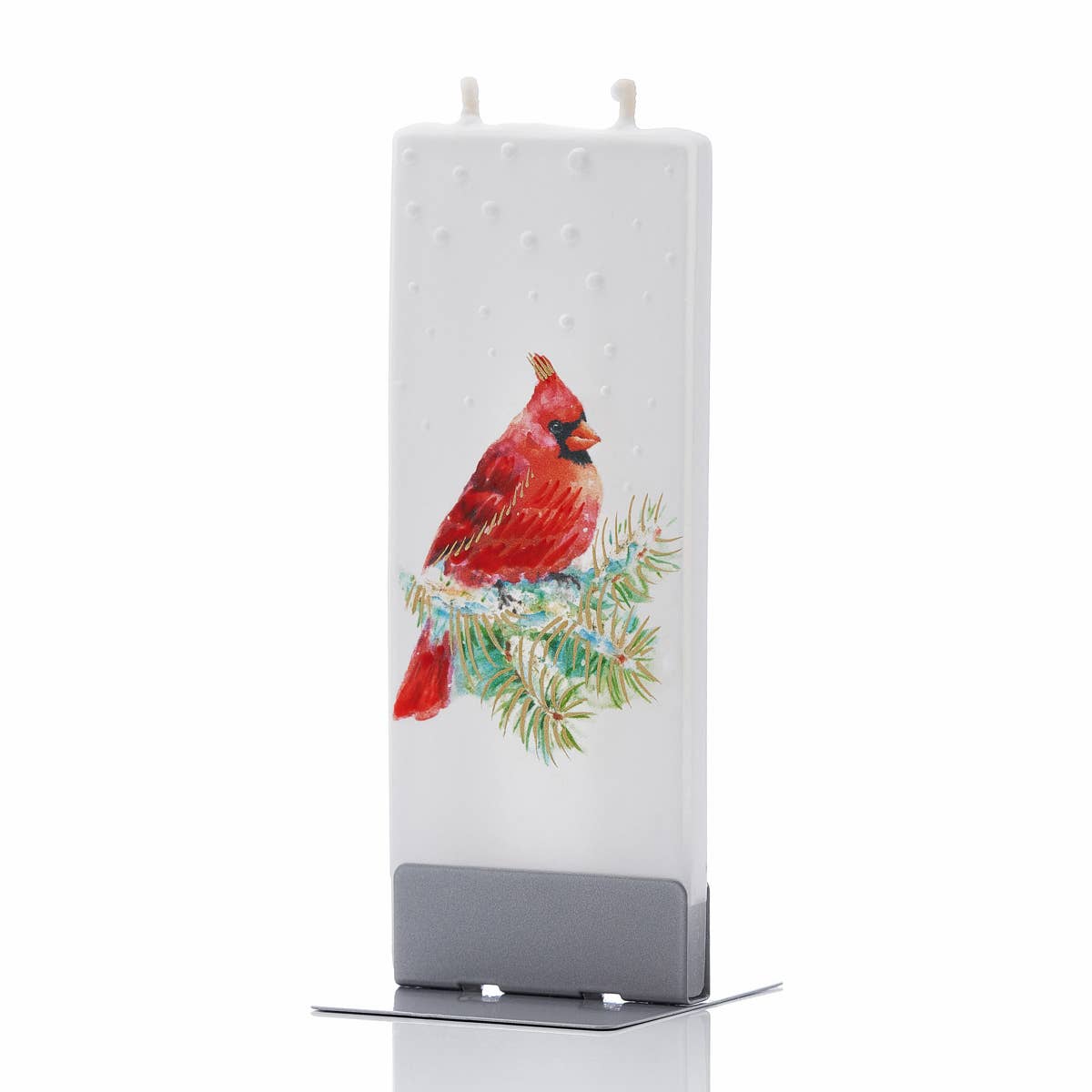 Flat Handmade Candle - Snowy Cardinal on Pine Branch